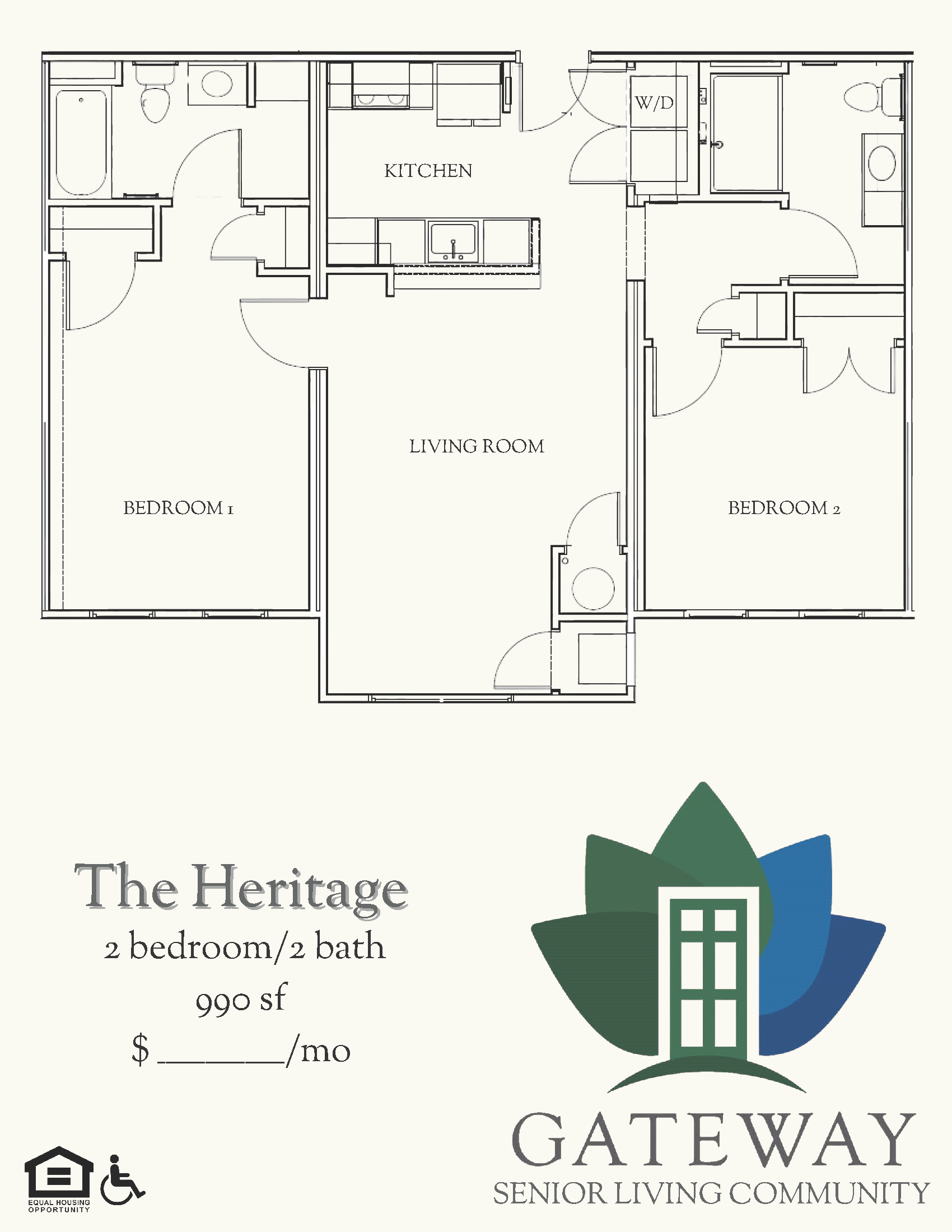 Floor plan for 2 beds, 2 baths, 990 sqft